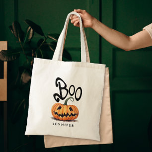 Gruseliger Boo Orange Halloween-Kürbis-Name Tragetasche