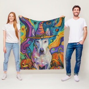 Gruseliger Bull Terrier Halloween Hexe und Kürbis Fleecedecke