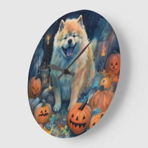 Gruseliger Chow Chow Halloween mit Kürbissen Große Wanduhr