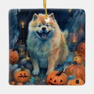 Gruseliger Chow Chow Halloween mit Kürbissen Keramikornament