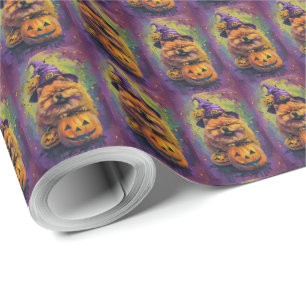 Gruseliger Chow Chow Hund Halloween Hexe und Kürbi Geschenkpapier