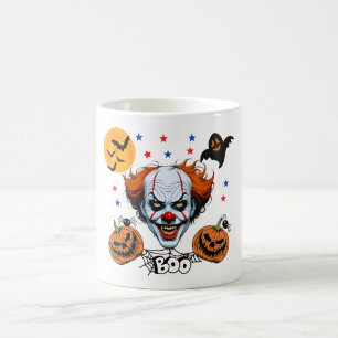 Gruseliger Clown Halloween-Szene mit Kürbissen Kaffeetasse