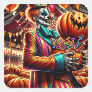 Gruseliger Clown mit Jack O' Lantern Halloween Quadratischer Aufkleber