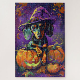 Gruseliger Dachshund-Hund Halloween-Hexe und Kürbi Puzzle