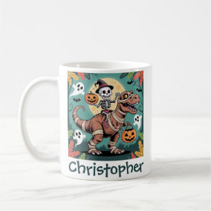 Gruseliger Dino-Reiter – Skelett auf Mumien-T-Rex Kaffeetasse