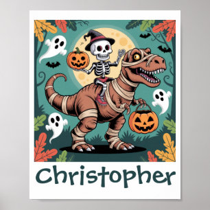 Gruseliger Dino-Reiter – Skelett auf Mumien-T-Rex Poster