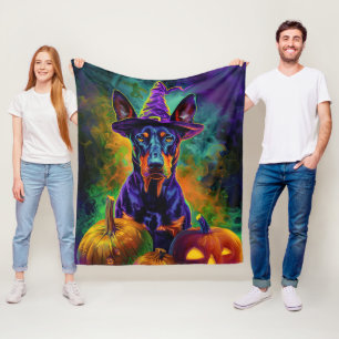 Gruseliger Dobermann-Hund Halloween-Hexe und Kürbi Fleecedecke