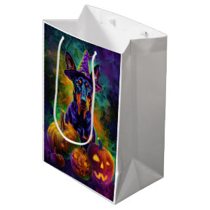 Gruseliger Dobermann-Hund Halloween-Hexe und Kürbi Mittlere Geschenktüte