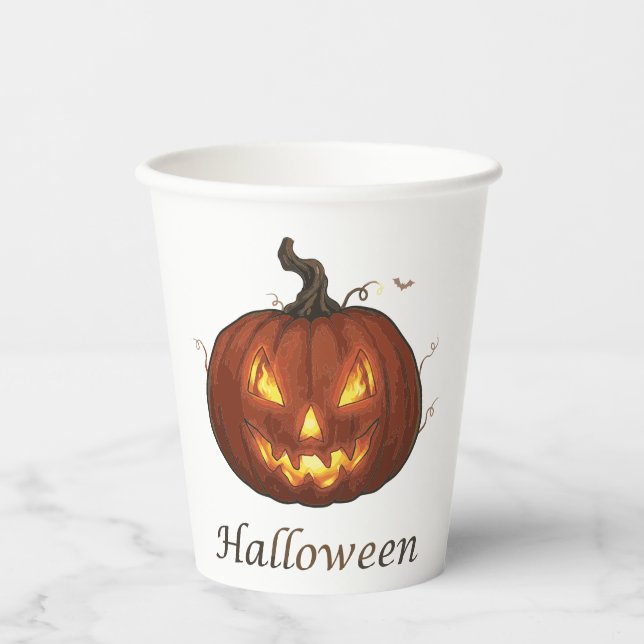 Gruseliger feuriger Jack-o'-Lantern Halloween-Kürb Pappbecher (Vorderseite)