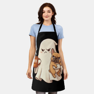 Gruseliger Geist Französische Bulldogge hält Kaffe Schürze