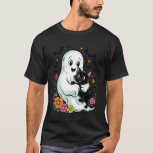 Gruseliger Geist hält lustige schwarze Katze Hallo T-Shirt