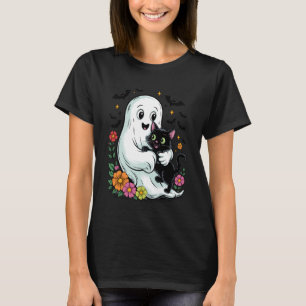 Gruseliger Geist hält lustige schwarze Katze Hallo T-Shirt