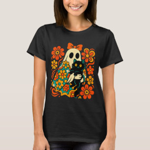 Gruseliger Geist hält schwarze Katze Groovy Floral T-Shirt