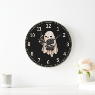 Gruseliger Geist hält schwarzen Pug-Hund Meh Hallo Große Wanduhr
