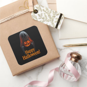 Gruseliger Geist mit Kürbis – Frohes Halloween Quadratischer Aufkleber