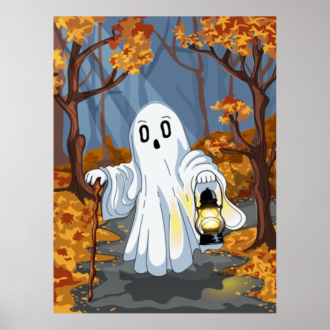 Gruseliger Geist mit Laterne im Herbstwald Poster (Vorne)