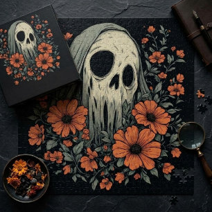Gruseliger Geisterschädel mit orangefarbenen Blume Puzzle