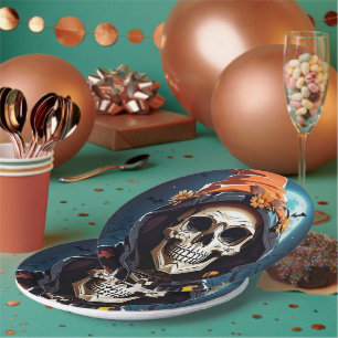 Gruseliger grinsender Skelett-Halloween Pappteller