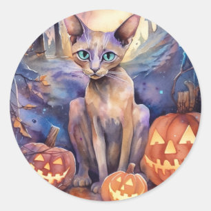 Gruseliger Halloween-Abyssinier mit Kürbissen Runder Aufkleber