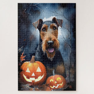 Gruseliger Halloween-Airedale mit Kürbissen Puzzle