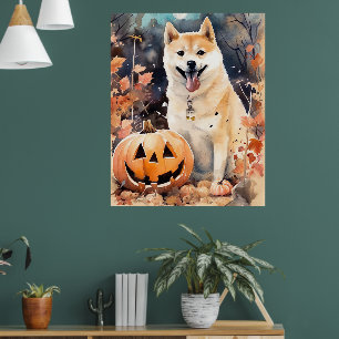 Gruseliger Halloween-Akita mit Kürbissen Poster