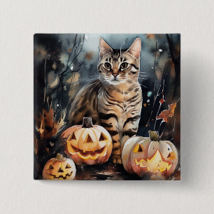 Gruseliger Halloween Bengal-Kater mit Kürbissen Button