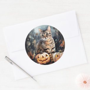 Gruseliger Halloween Bengal-Kater mit Kürbissen Runder Aufkleber