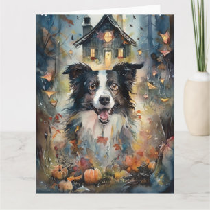 Gruseliger Halloween Border Collie mit Kürbissen Karte