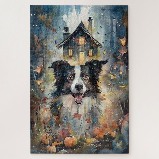 Gruseliger Halloween Border Collie mit Kürbissen Puzzle (Vertikal)