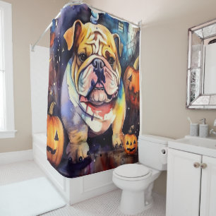Gruseliger Halloween-Bulldog mit Kürbissen Duschvorhang