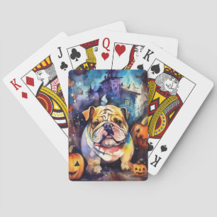 Gruseliger Halloween-Bulldogge mit Kürbissen Spielkarten