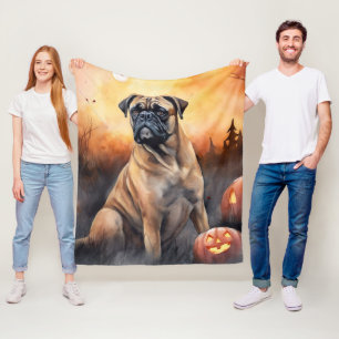 Gruseliger Halloween Bullmastiff mit Kürbissen Fleecedecke