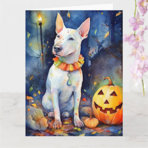 Gruseliger Halloween-Bullterrier mit Kürbissen Karte