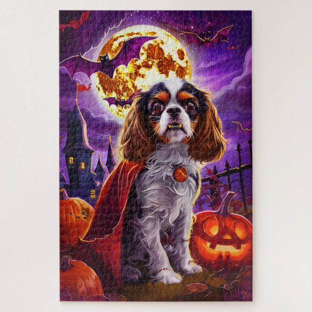 Gruseliger Halloween Cavalier King Vampir-Kürbis Puzzle (Vertikal)