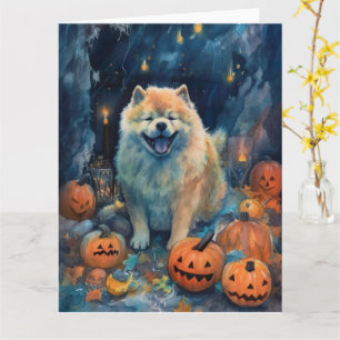 Gruseliger Halloween Chow Chow mit Kürbissen Karte
