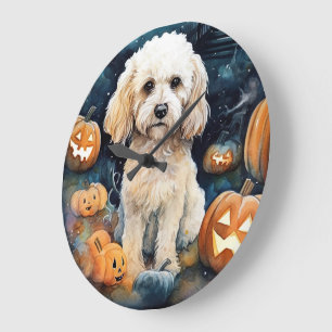 Gruseliger Halloween-Cockapoo mit Kürbissen Große Wanduhr
