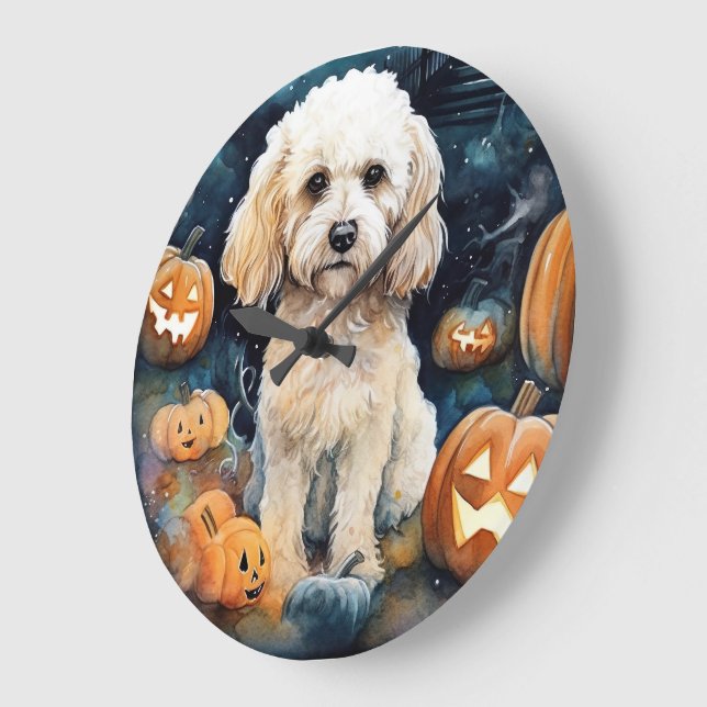 Gruseliger Halloween-Cockapoo mit Kürbissen  Große Wanduhr (Winkel)
