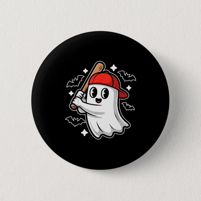 Gruseliger Halloween-Geist und Fledermäuse Basebal Button (Vorderseite)