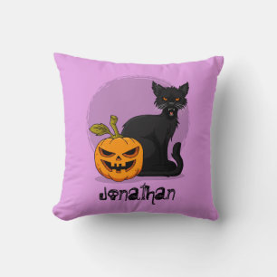 Gruseliger Halloween-Kürbis, gruselige Katze, lila Kissen