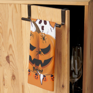Gruseliger Halloween-Kürbis mit Geist und Spinnen- Geschirrtuch