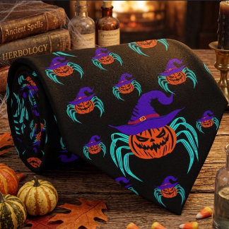 Gruseliger Halloween-Kürbis-Spinne-und-Hexenhut-Ku Krawatte