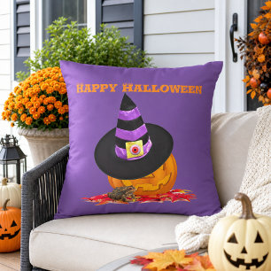 Gruseliger Halloween-Kürbis und Hexenhut l Kissen