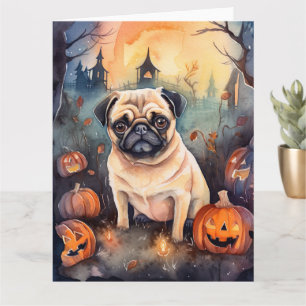 Gruseliger Halloween-Mops mit Kürbissen Karte