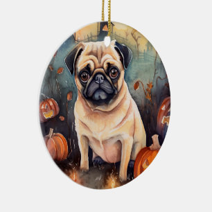 Gruseliger Halloween-Mops mit Kürbissen Keramik Ornament