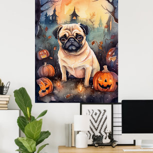 Gruseliger Halloween-Mops mit Kürbissen Poster