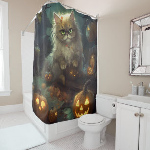 Gruseliger Halloween Perserkatze mit Kürbissen Duschvorhang
