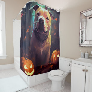 Gruseliger Halloween-Pitbull mit Kürbissen Duschvorhang