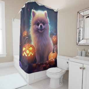 Gruseliger Halloween Pomeranian mit Kürbissen Duschvorhang