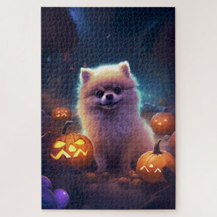 Gruseliger Halloween-Pomeranian mit Kürbissen  Puzzle