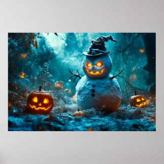 Gruseliger Halloween-Schneemann im Kürbiswald Poster